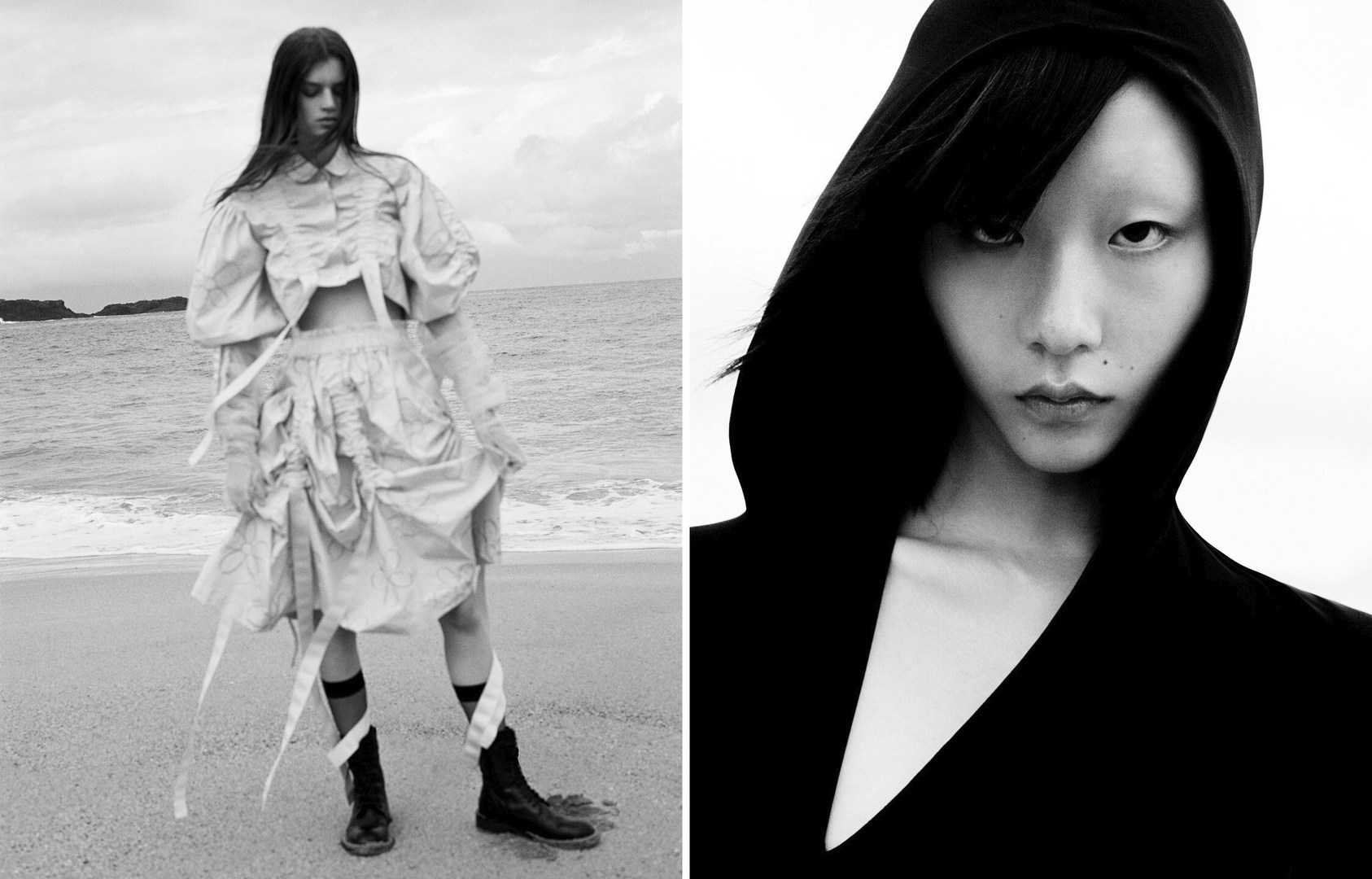 Two black and white images: Woman on beach in Avant Garde fashion; close-up of a hooded person looking intensely at the camera.