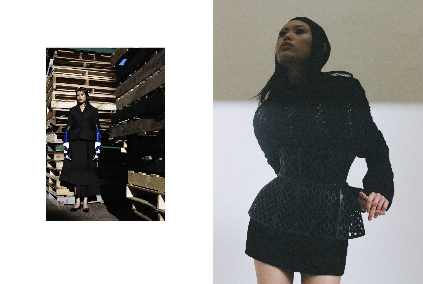 Editorial fashion shot of two adult women in dresses, one posing in front of stacked wood pallets, the other in a minimalist space.
