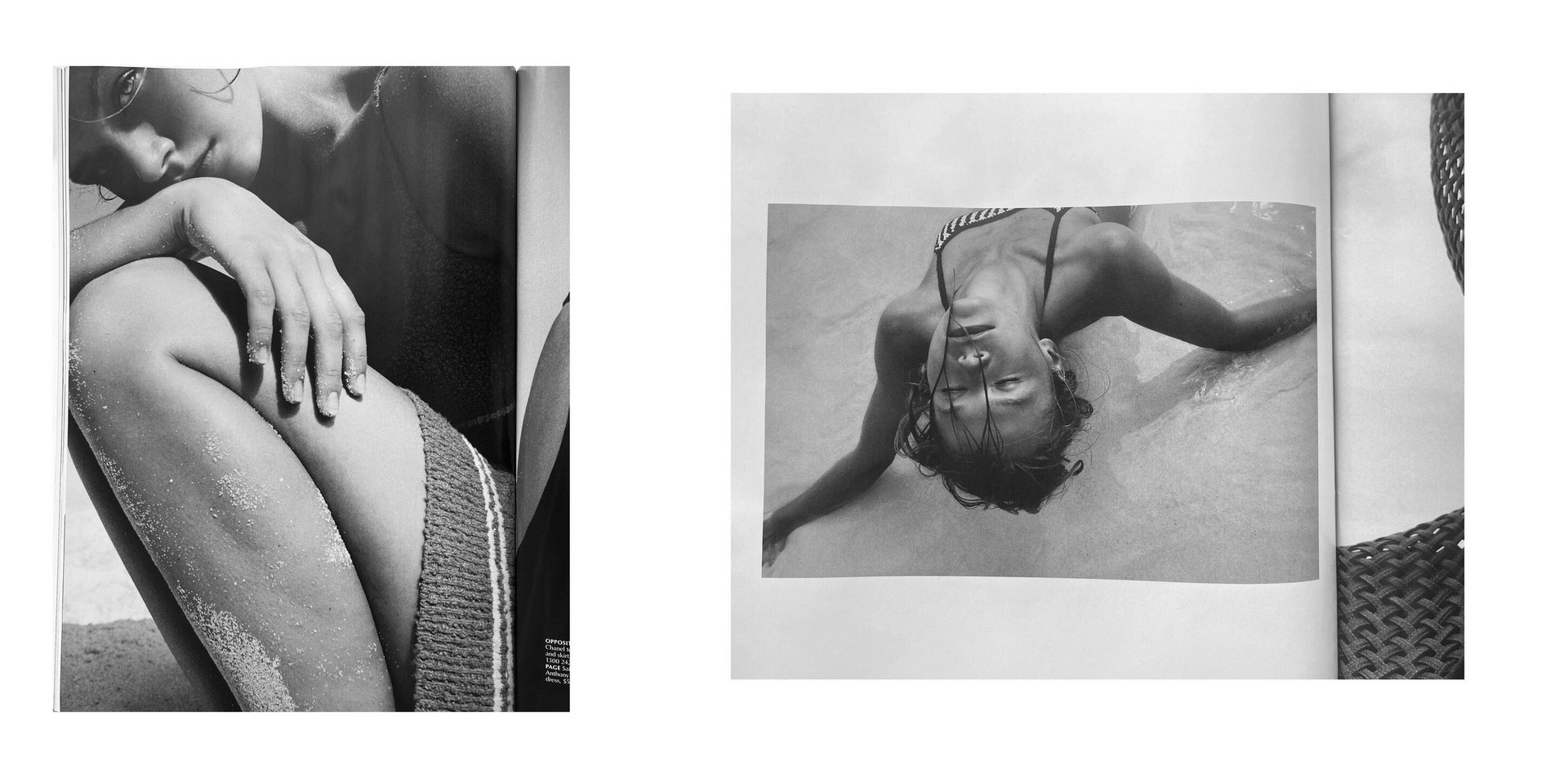 Monochrome fashion editorial shot in a magazine. A young woman in a swimsuit is on the beach, next to a cropped image of a seated woman.