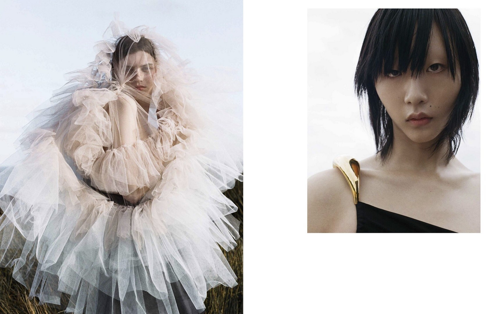 Two fashion portraits: woman in tulle gown and woman with modern asymmetrical bob haircut wearing a gold sculpted accessory.