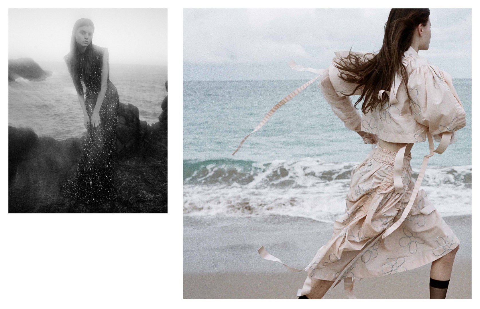 Two fashion shots juxtapose an ocean view: one shows a woman in a dark dress on rocks in the fog, the other a woman on the beach.