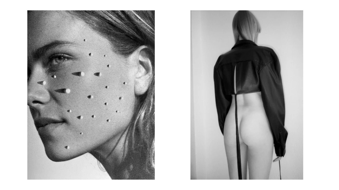 Black and white diptych. On the left is a woman's face adorned with spherical shapes; on the right, a nude woman in a jacket. 