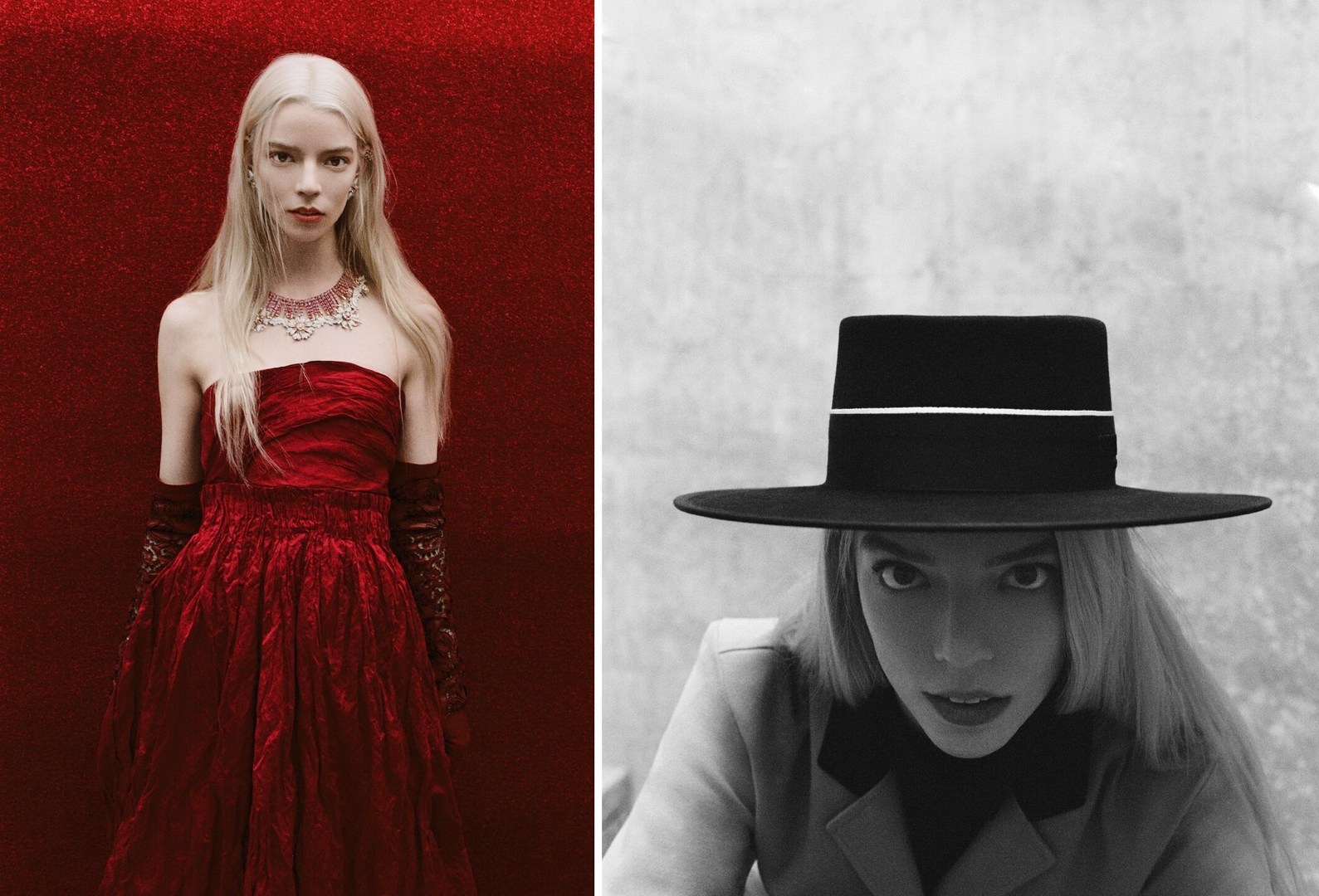 Anya Taylor-Joy poses in a red strapless dress and necklace against a matching red backdrop, contrasted with a black and white portrait.
