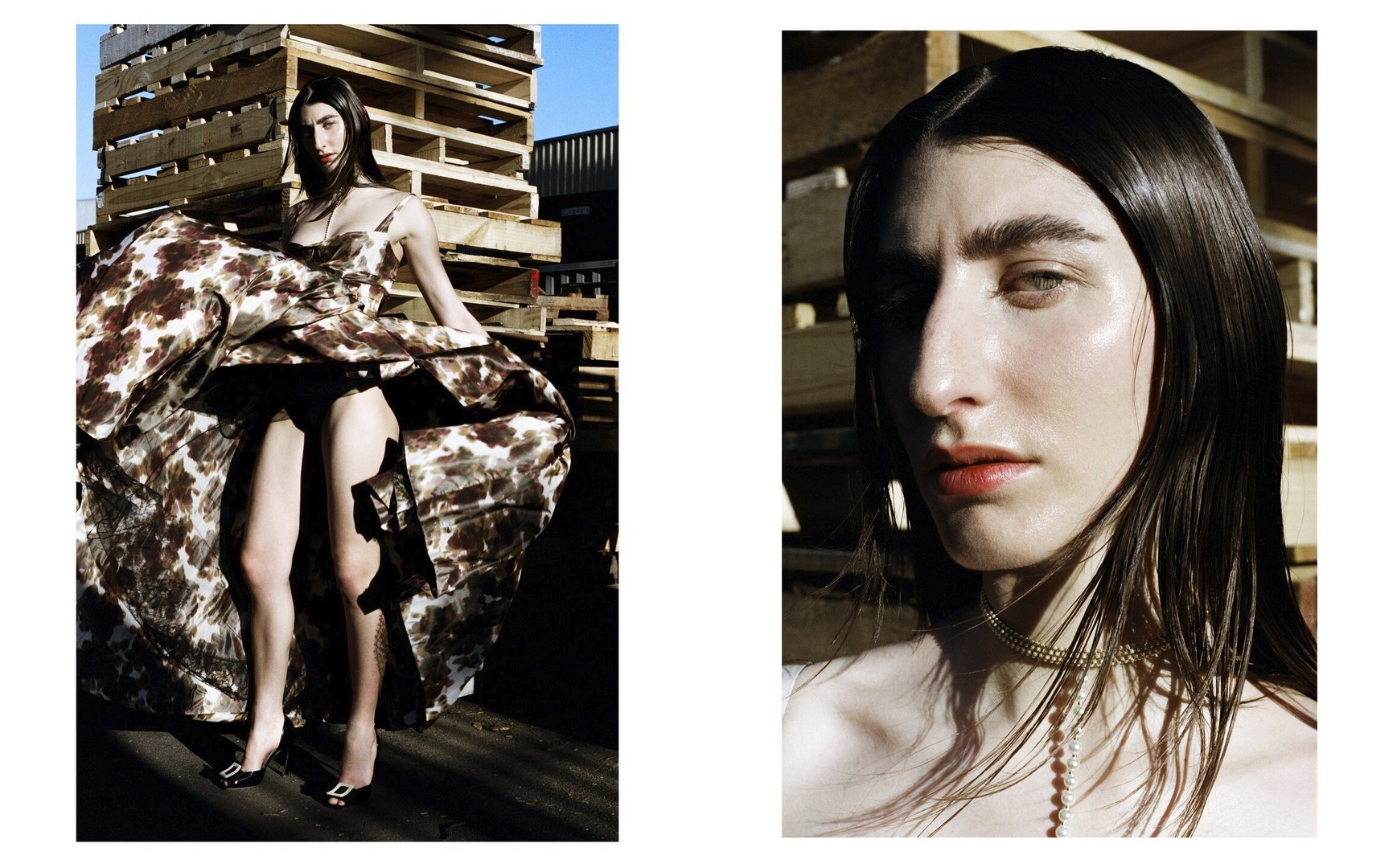 Fashion editorial shot: a female model in a dress poses in front of stacked wooden pallets, portrait on white background on the right.