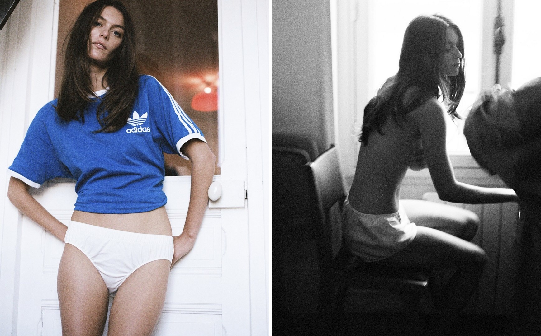 Split image: A woman in a blue Adidas shirt and white shorts poses near a white door; woman sits near a window.