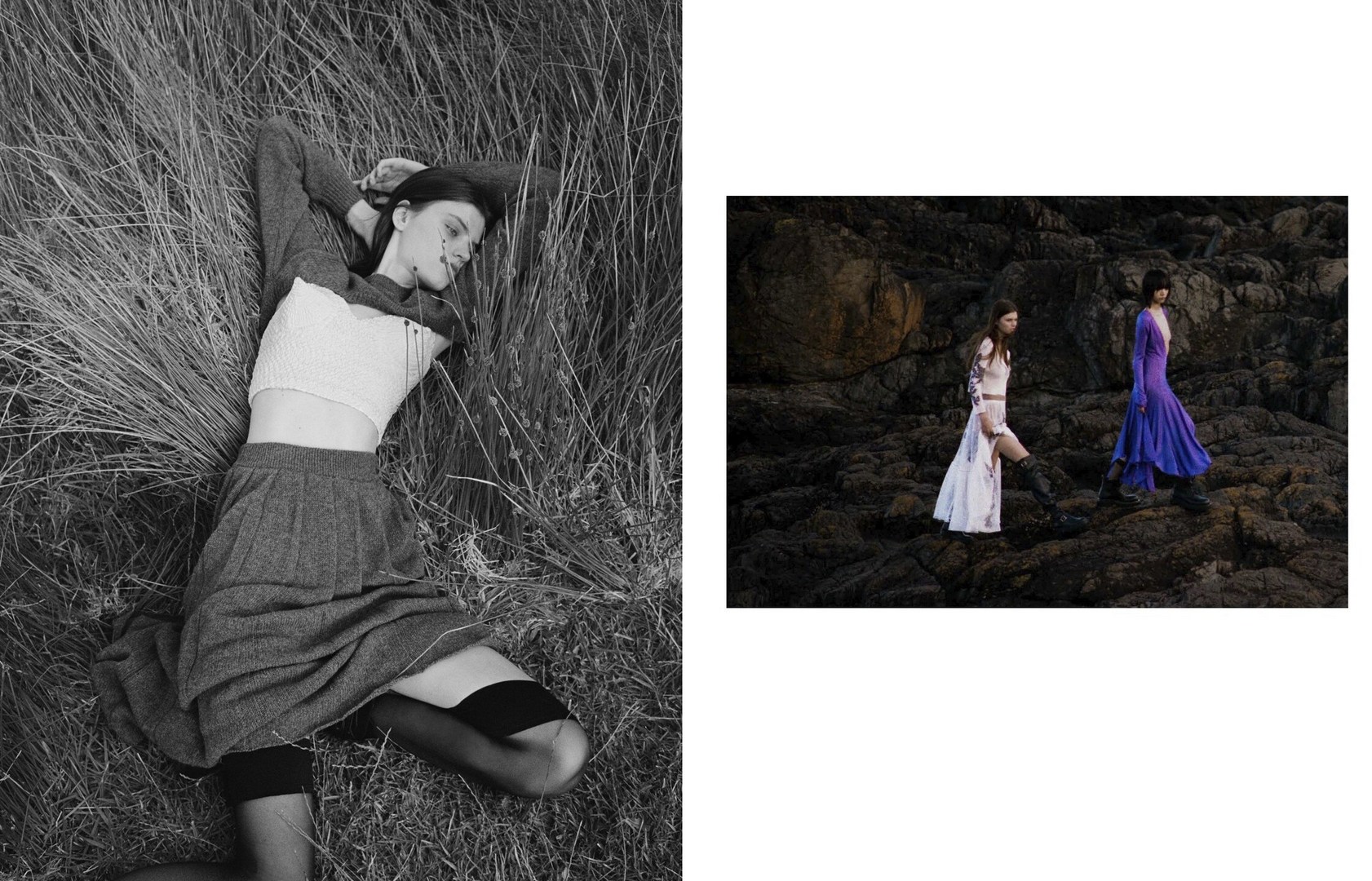 Two scenes juxtapose: A woman lies in tall grass and two women in dresses walk on a rocky shore in natural light.