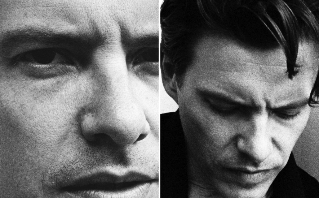 Monochrome portrait split between two adult males, one with eyes looking down, the other with eyes open, focused on the viewer.