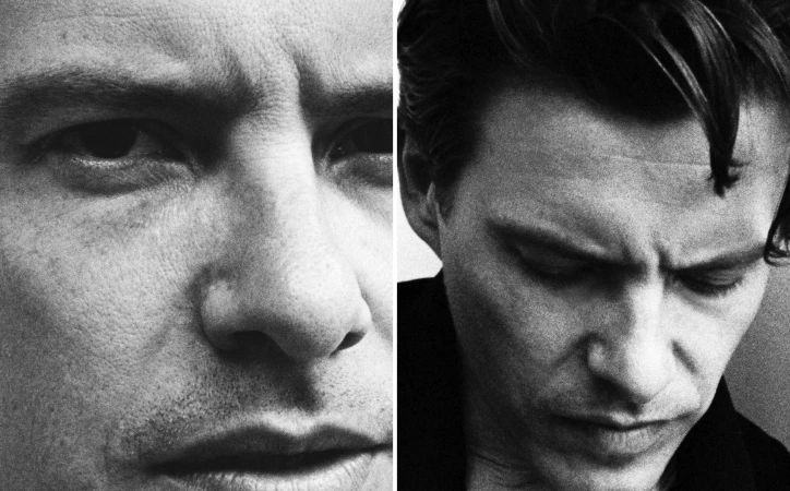 Monochrome portrait split between two adult males, one with eyes looking down, the other with eyes open, focused on the viewer.