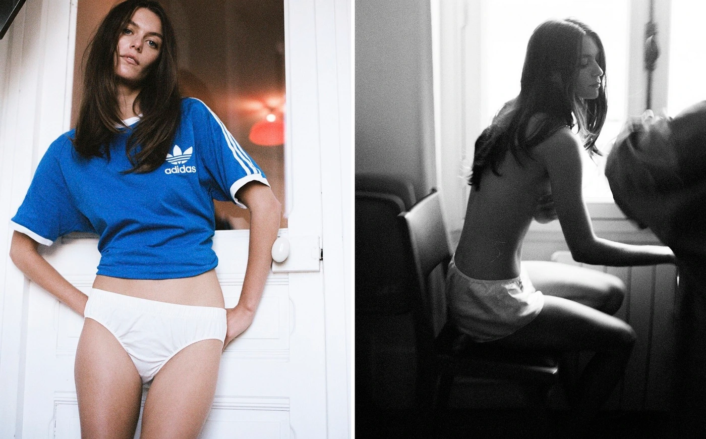 Two-panel portrait of a woman wearing a blue Adidas t-shirt and white briefs in a light-filled interior