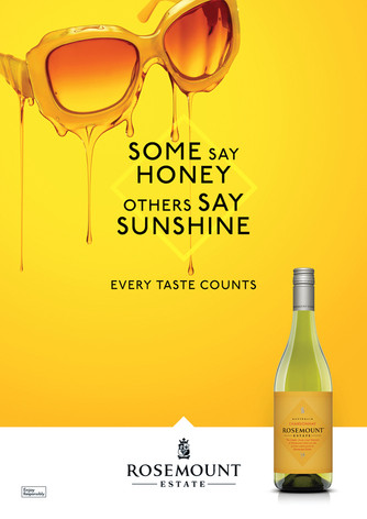 Rosemount Estate wine bottle and honey-dripping sunglasses on a yellow background with the brand logo and wine name.