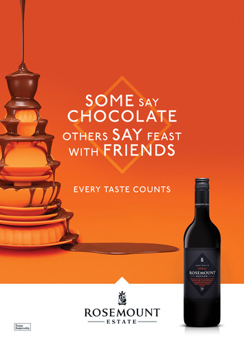 Chocolate fountain dripping onto plates with a bottle of Rosemount wine against an orange gradient background with text promoting the wine.