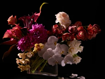 A dramatic floral arrangement in a ribbed glass vase featuring deep red orchids, pink chrysanthemums, and white roses against a black background