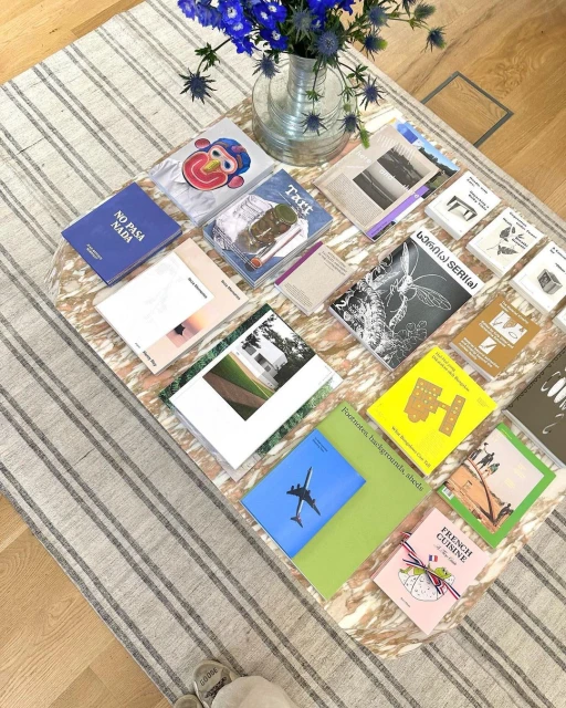 Overhead shot of many books and magazines with colorful covers arranged on a decorative table, next to a vase of blue flowers.