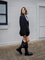 Woman in a black blazer and boots holding a black handbag walking past a grey tiled building exterior.