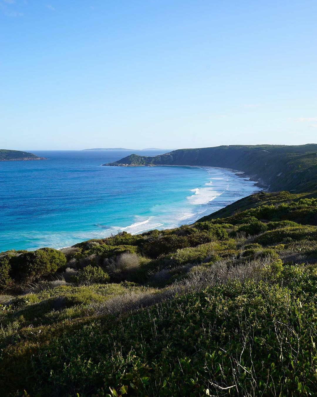 Coastal view overlooking a sandy beach with turquoise ocean water and rolling green hills in Sydney by Flick Palmateer