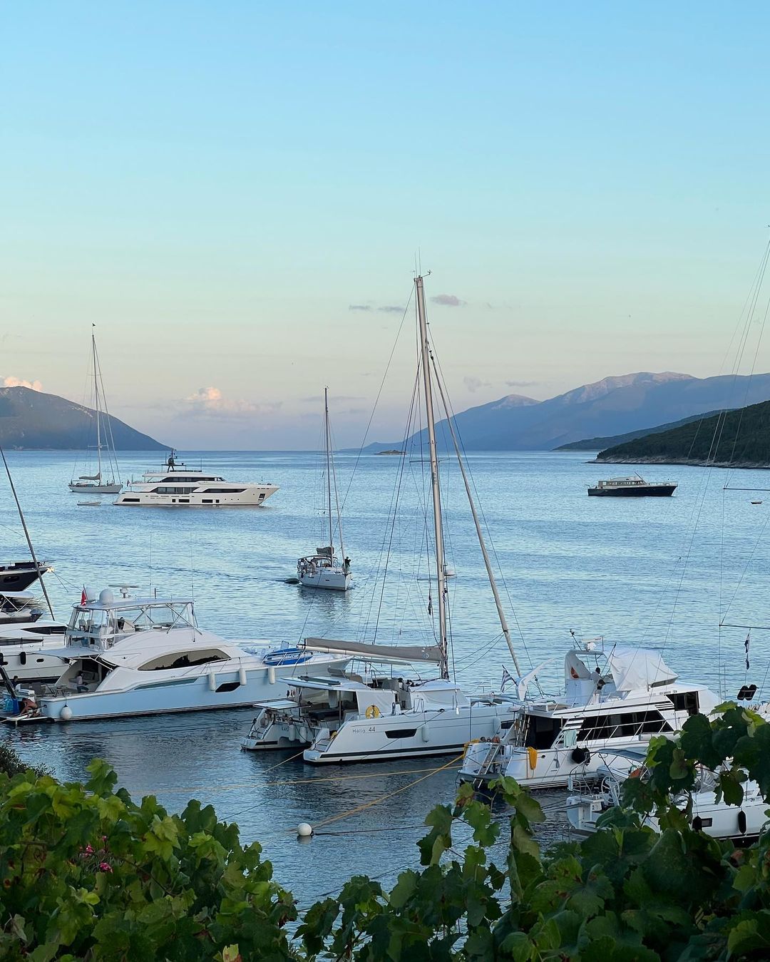 Scenic harbor view with luxury yachts, sailboats, and calm water against a backdrop of rolling hills under a serene sky.