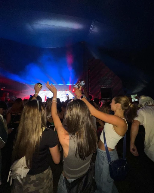 Enthusiastic crowd enjoys live music in a concert setting. Attendees raise arms, bathed in blue and red stage lighting at a music event.