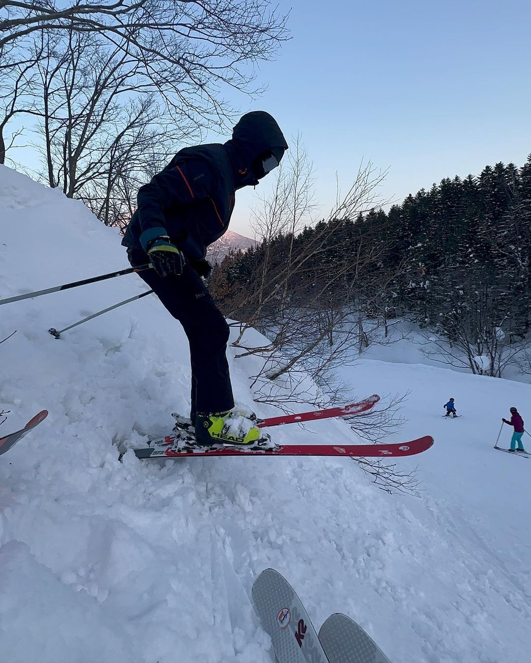 Person in winter sportswear skiing downhill on a snow-covered slope; trees and sky are in the background.