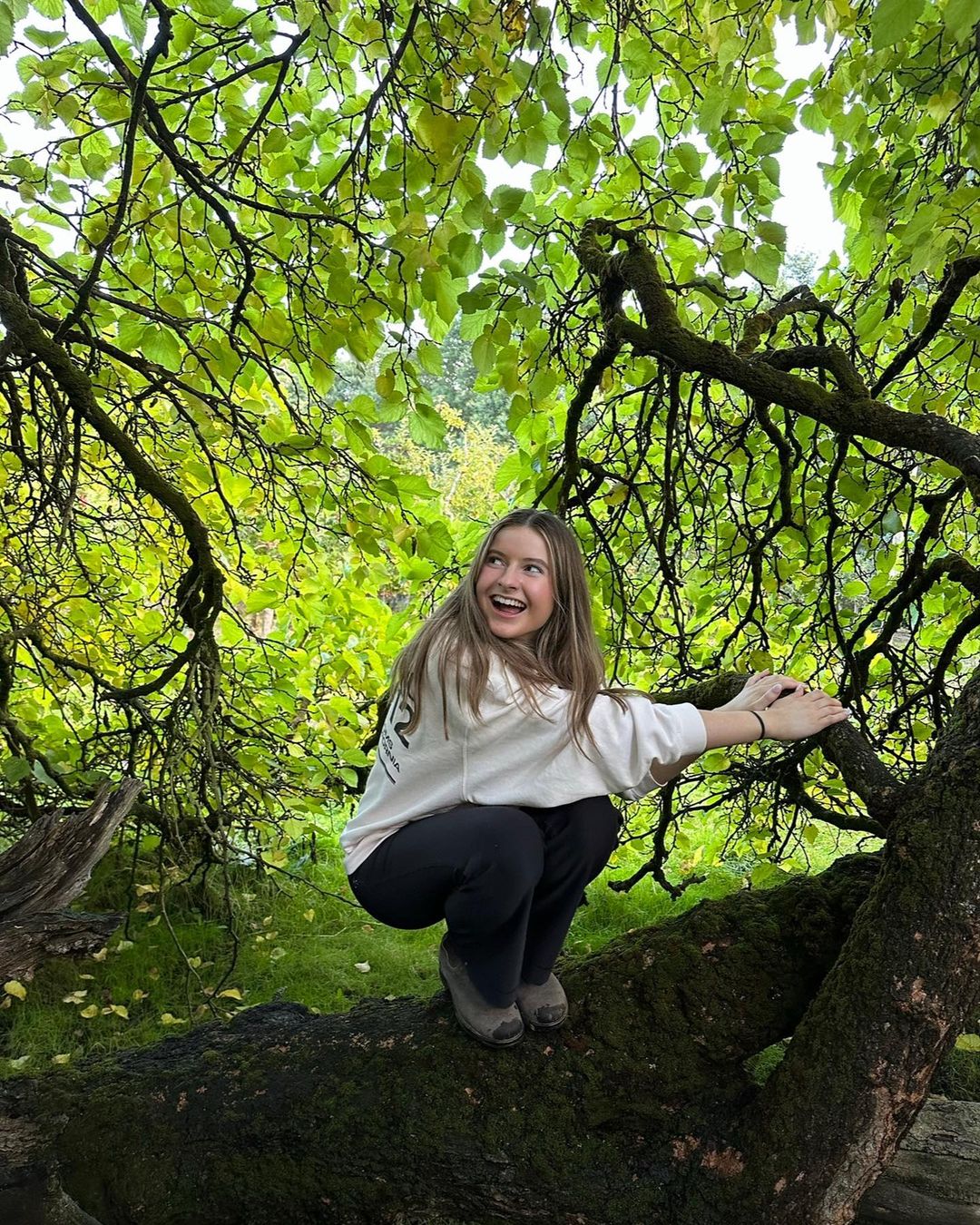 Smiling young woman squats on a tree branch under a canopy of green leaves outdoors. She wears a casual sweatshirt and dark pants.