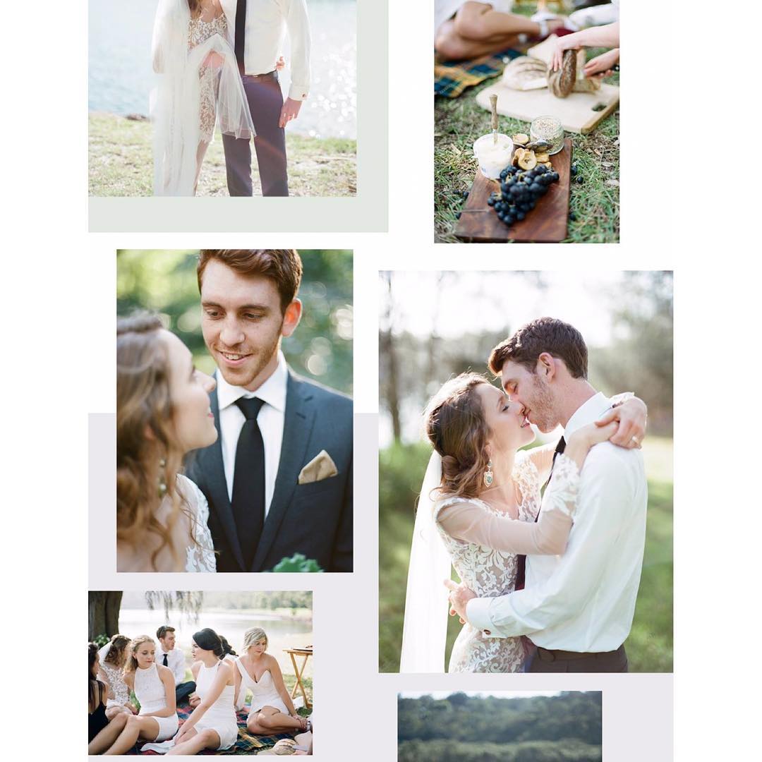 Collage of wedding-themed images: couple by lake, picnic spread, bride and groom portraits, friends at picnic, and landscape.