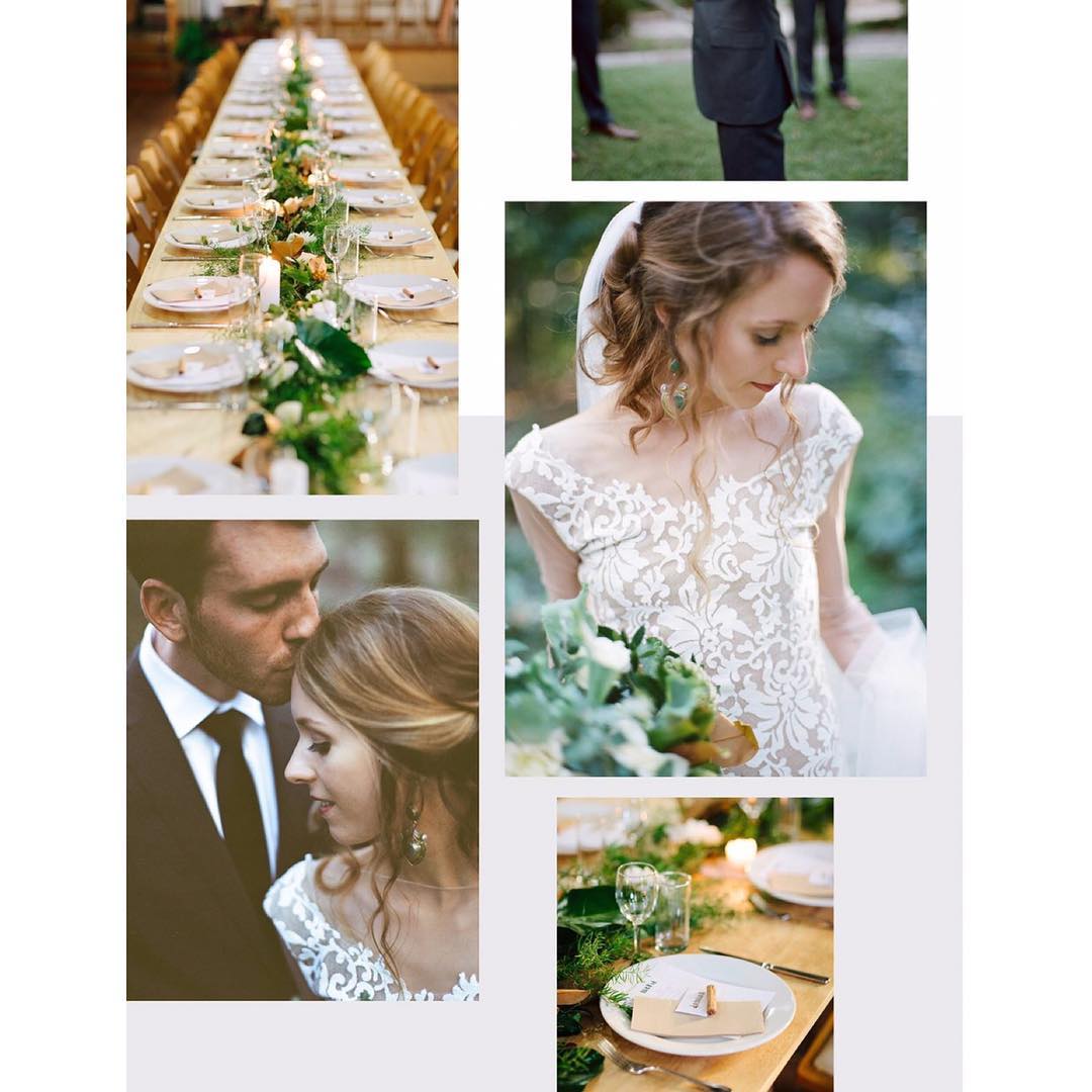 Indoor wedding reception with bride, groom, long tables decorated with floral centerpieces, candles, and place settings in warm light.