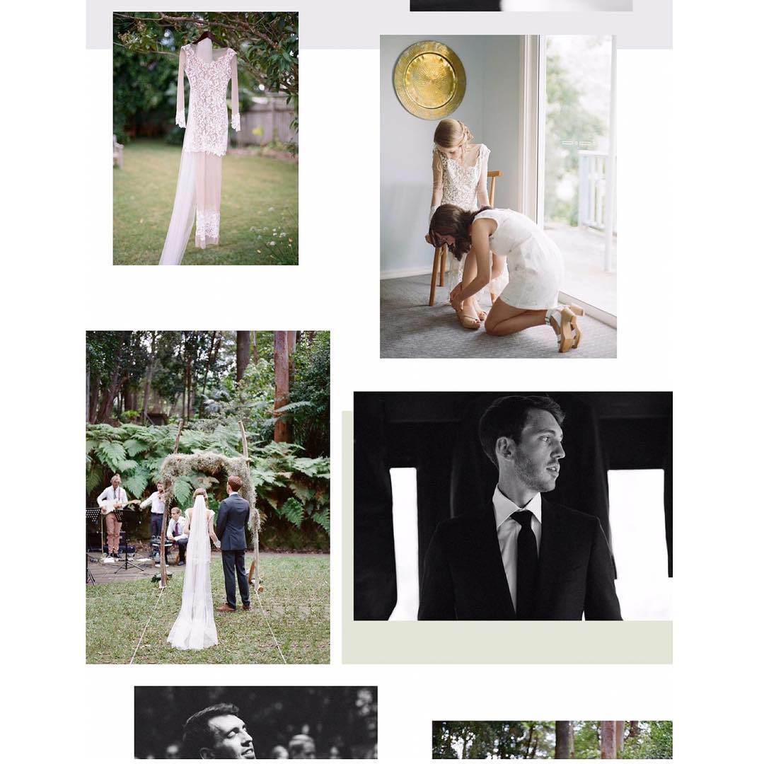Collage of wedding preparations: bride's dress, women preparing, groom portrait, outdoor wedding ceremony in forest clearing.