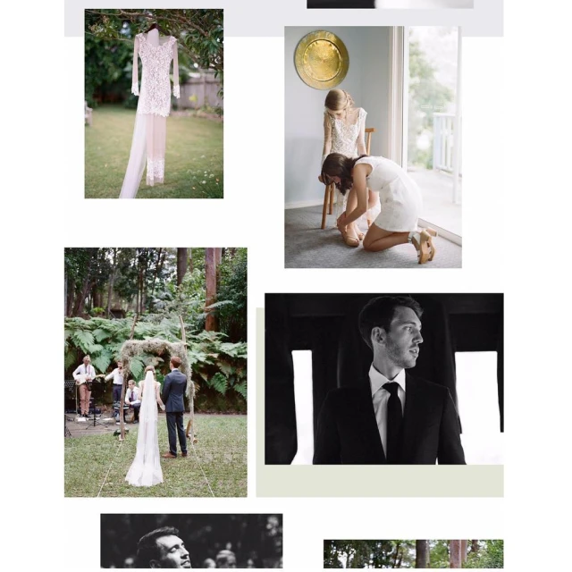 Collage of wedding preparations: bride's dress, women preparing, groom portrait, outdoor wedding ceremony in forest clearing.