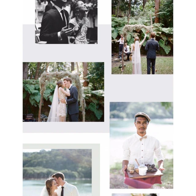 Collage of wedding scenes: a couple in formal wear at an outdoor wedding, another couple kissing under a decorated archway, and a caterer.