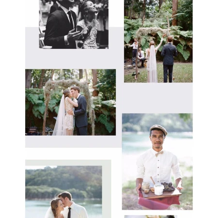 Collage of wedding scenes: a couple in formal wear at an outdoor wedding, another couple kissing under a decorated archway, and a caterer.