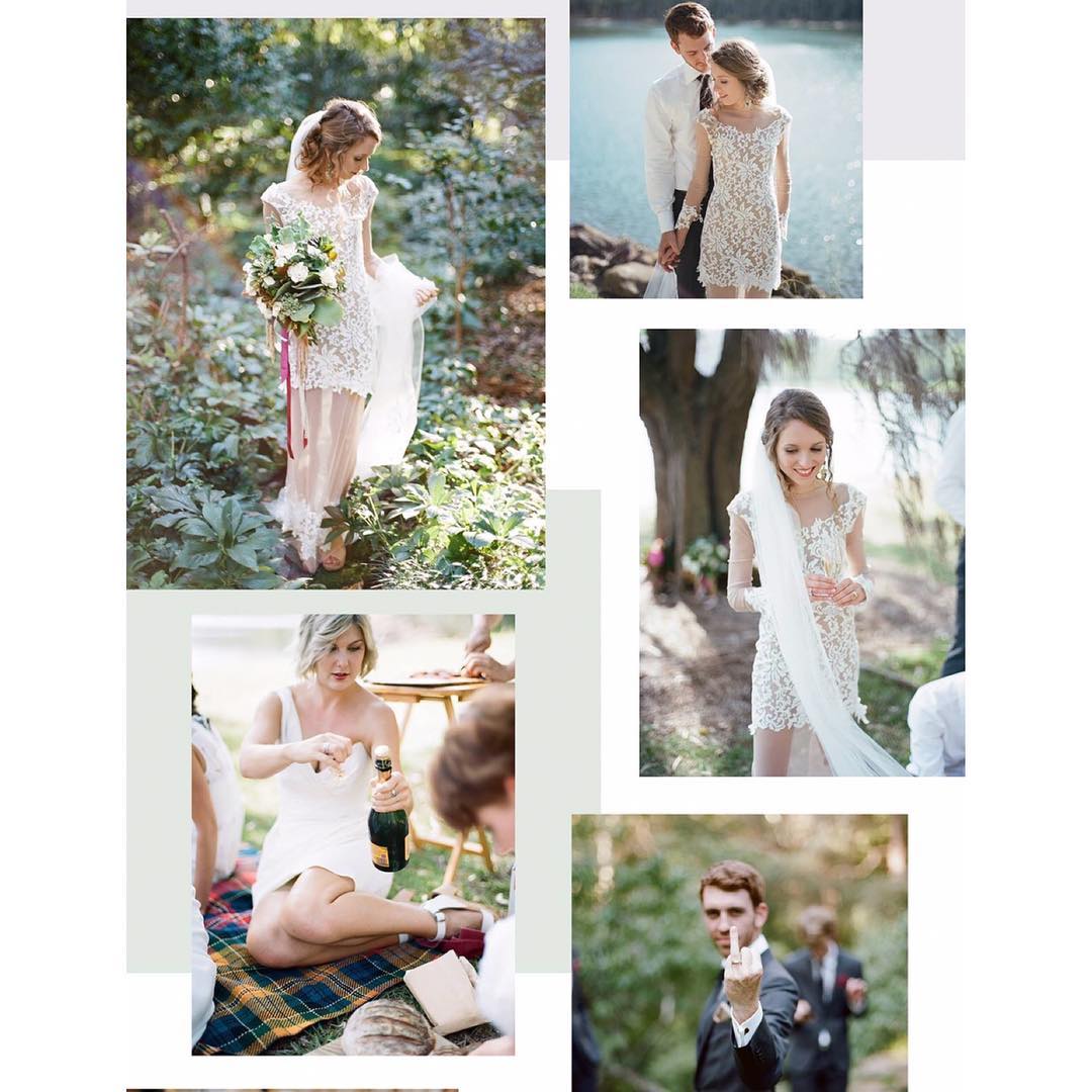 A collage of outdoor wedding scenes: bride in a forest, couple by a lake, friends with champagne, and a man in a suit giving the middle finger.