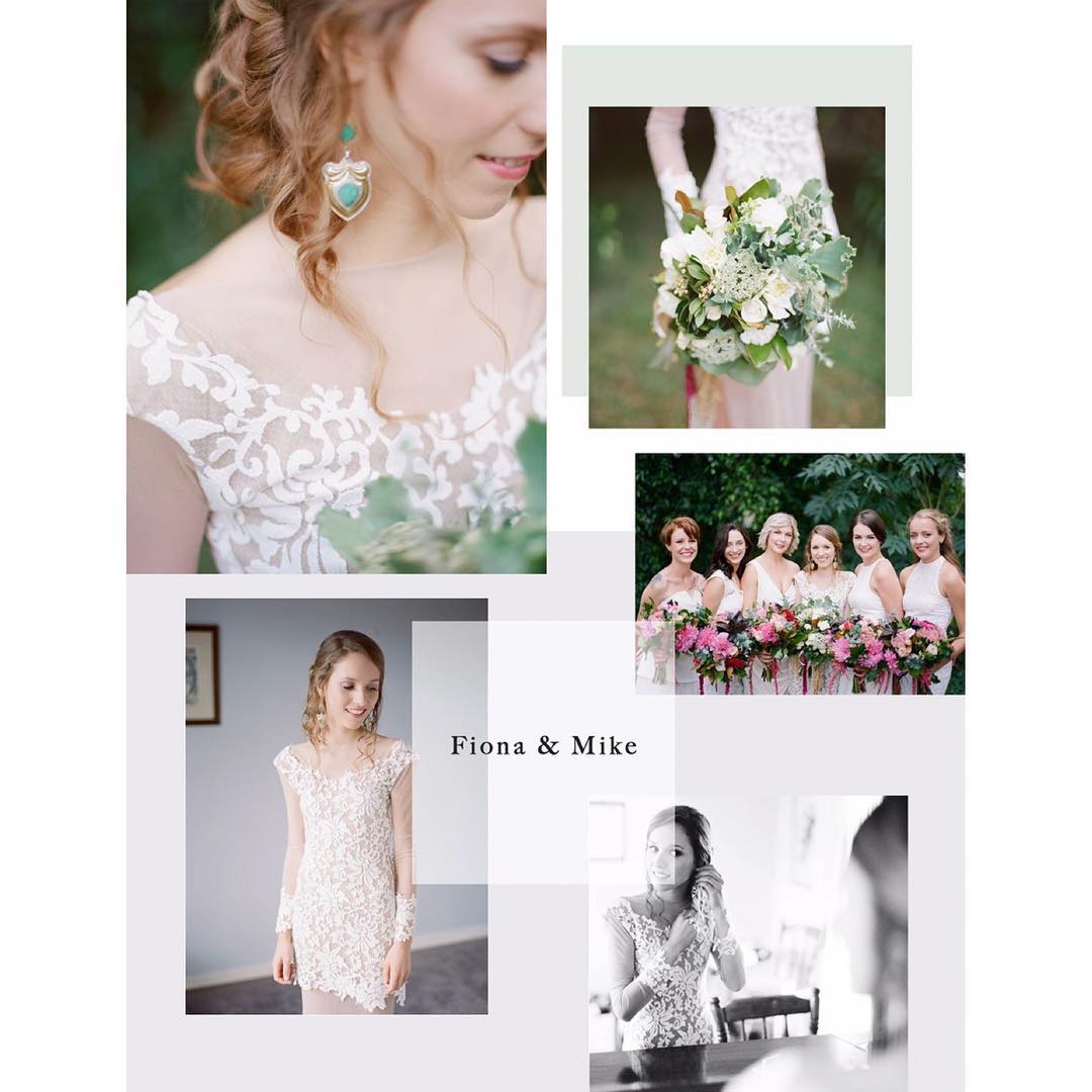 Collage of wedding images showing a bride in a white lace dress, bridesmaids with bouquets, and a young girl in a similar dress.