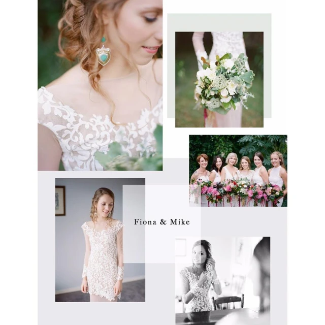 Collage of wedding images showing a bride in a white lace dress, bridesmaids with bouquets, and a young girl in a similar dress.