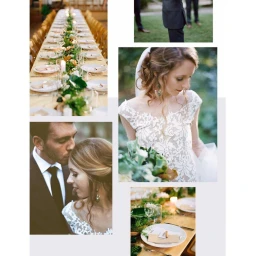 Collage of wedding photography featuring a long banquet table, a bride in a lace dress, and a groom kissing her forehead