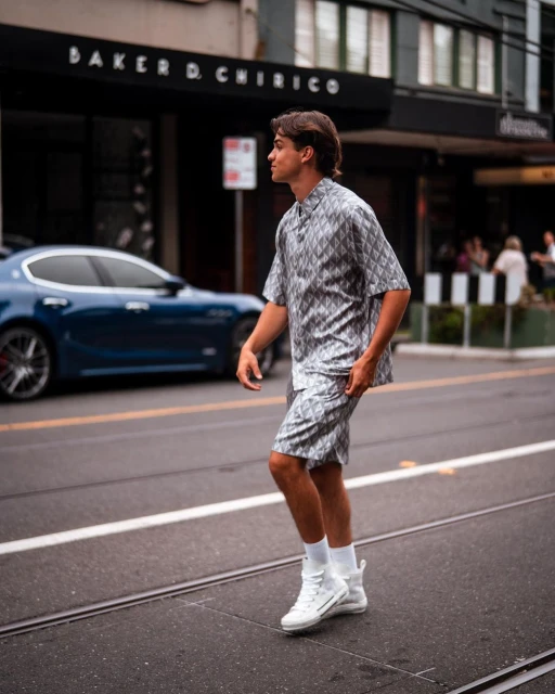 A young adult male wearing a patterned shirt and shorts set walks across a city street with a blue car and building in the background.