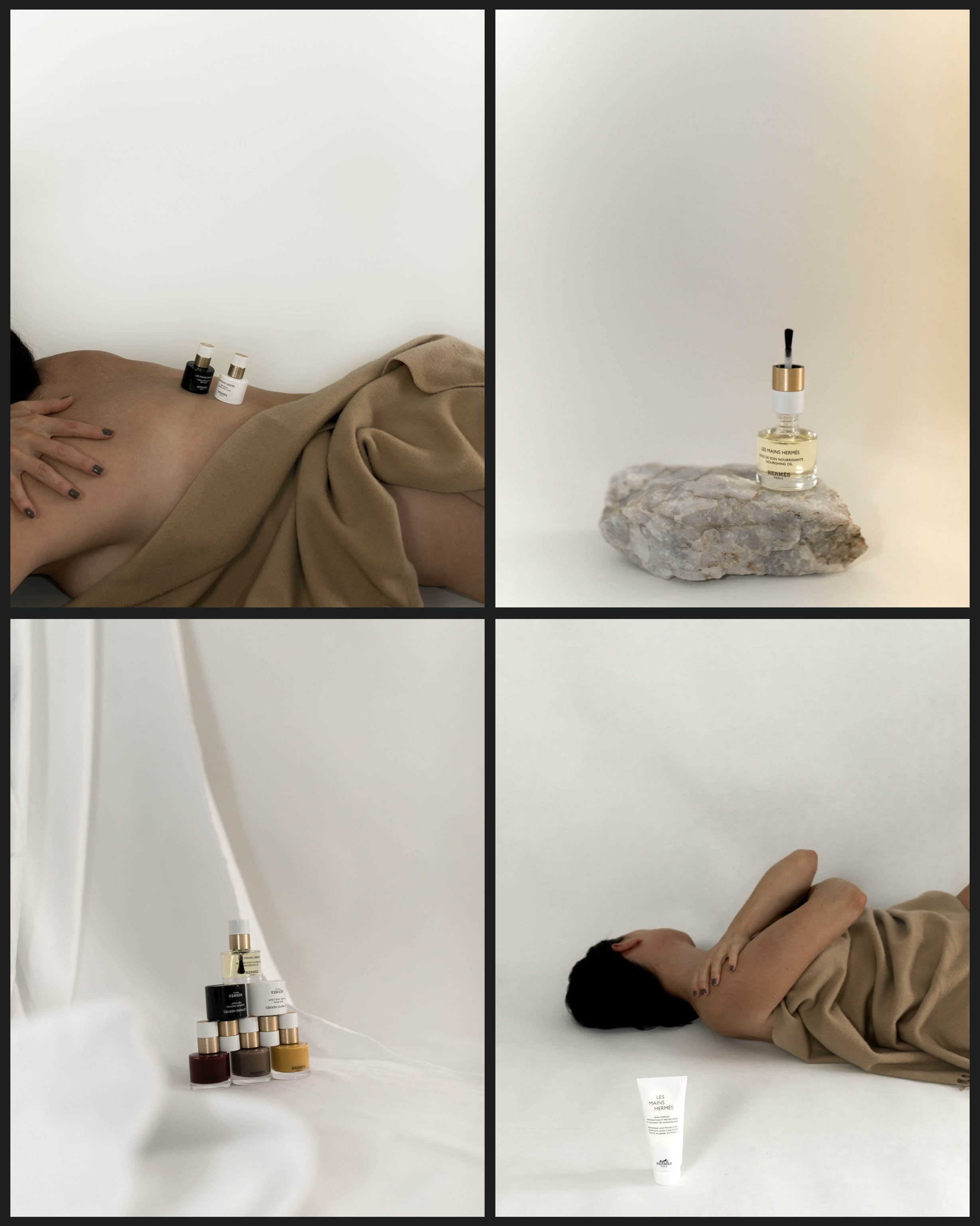Four-panel product shot featuring skincare and beauty products with a woman lying down and draped in fabric against a white background.