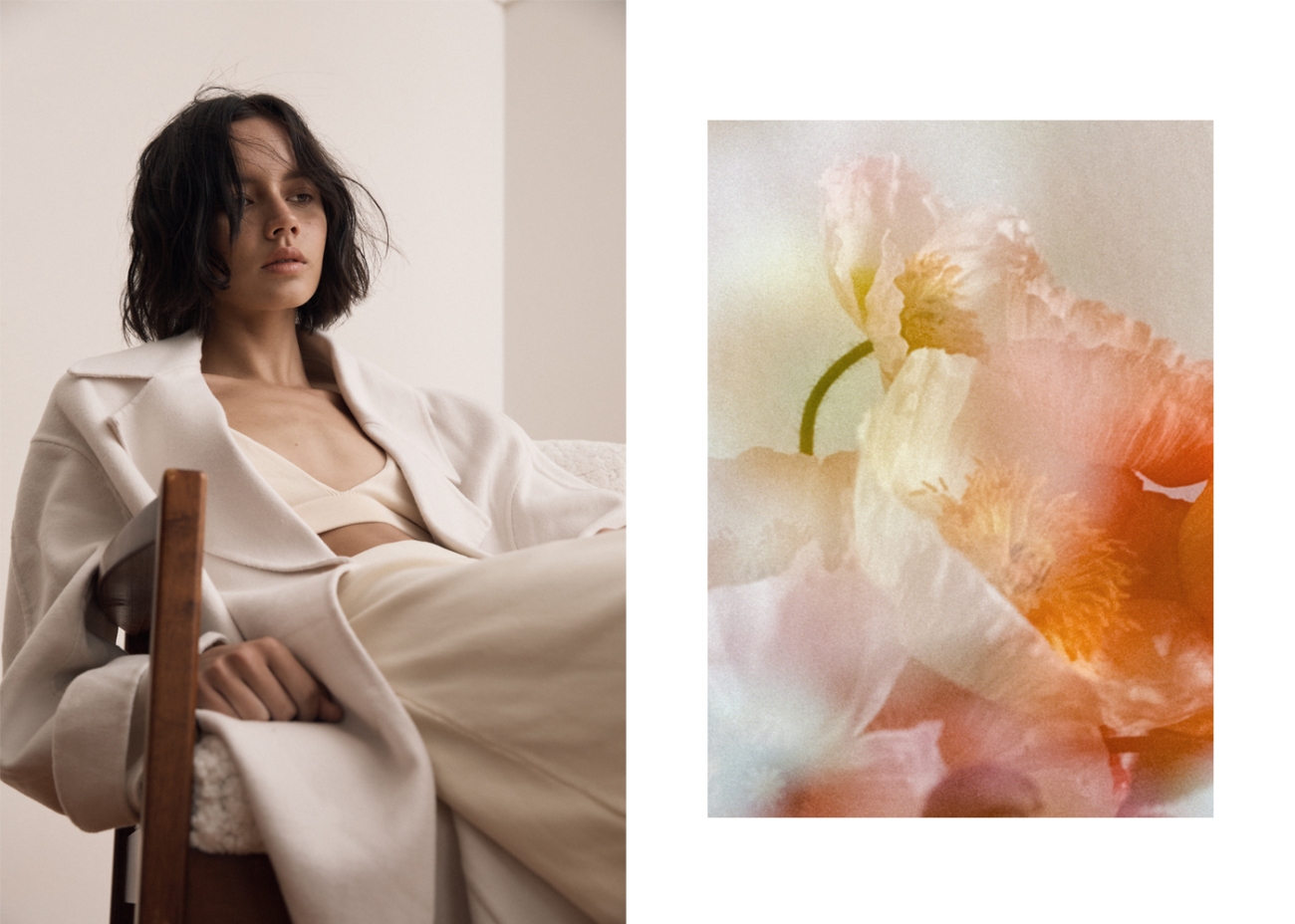 Woman in off-white attire sits in a wooden chair next to a floral image. Soft lighting and serene mood create a minimalist aesthetic.