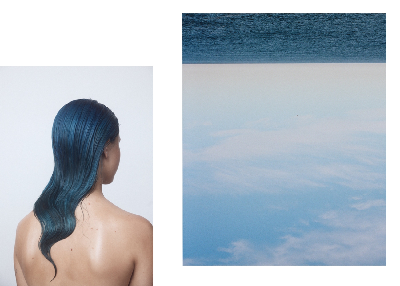 Woman with teal wet hair against a white backdrop, alongside an upside-down sea and sky. Beauty shot, hair coloring concept.