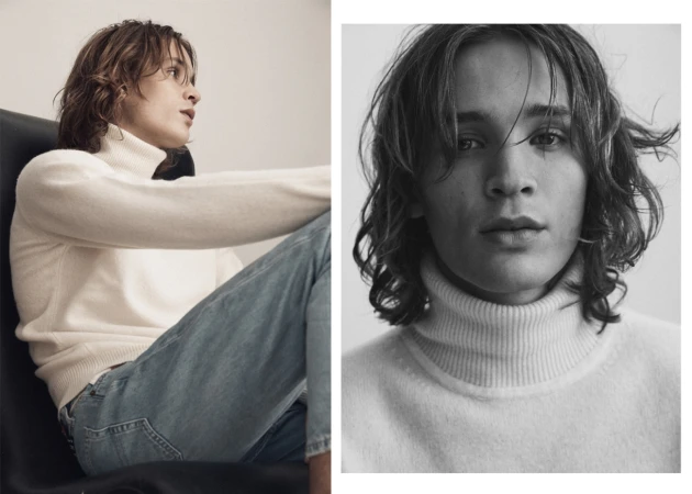 Diptyque portrait of young man with wavy hair wearing white turtleneck and blue jeans
