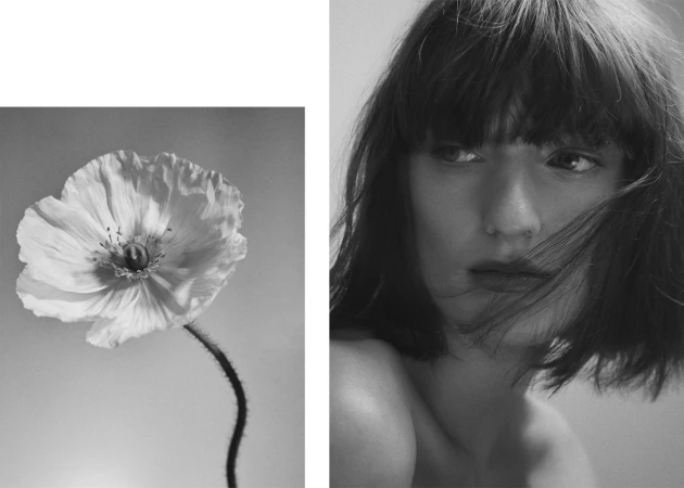 Black and white editorial diptych featuring a pale poppy flower alongside a close-up portrait of a woman with dark hair and bangs.