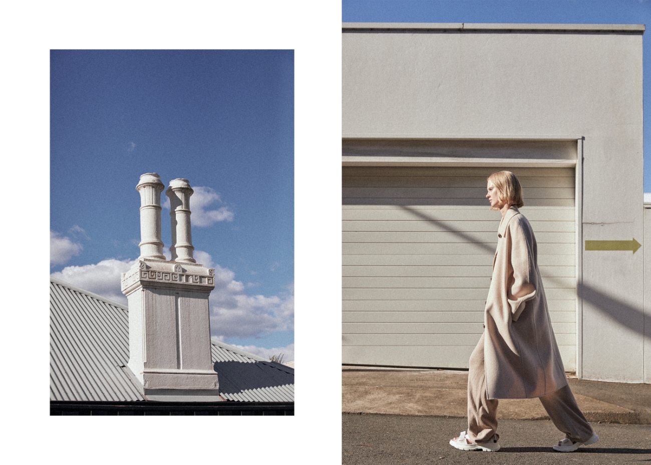 Fashion editorial split image: a woman in beige outfit walks by a beige garage door, and a chimney against a blue sky.