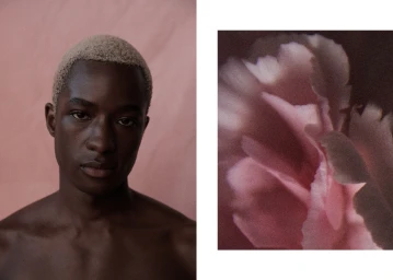 Portrait of a black man with short bleached blonde hair beside a close-up shot of a textured pink flower.