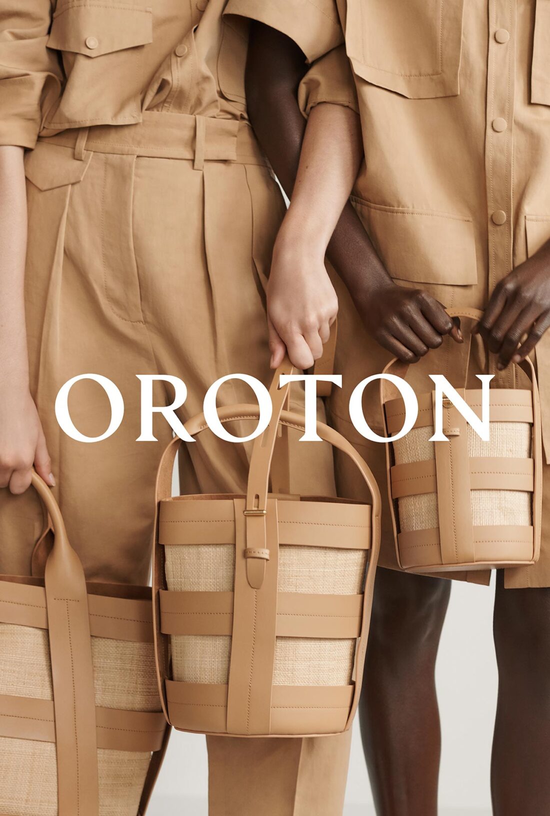Tan leather bucket bags with woven details showcased by two adult women wearing tan outfits, emphasizing fashion and neutral tones.