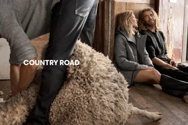 A person shearing a sheep in the foreground while a man and a woman sit relaxing against a wooden wall in the background.