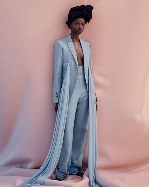 Elegant Black woman in a powder blue suit with draped detail, posing against a pink backdrop, wearing a wrapped black headpiece.