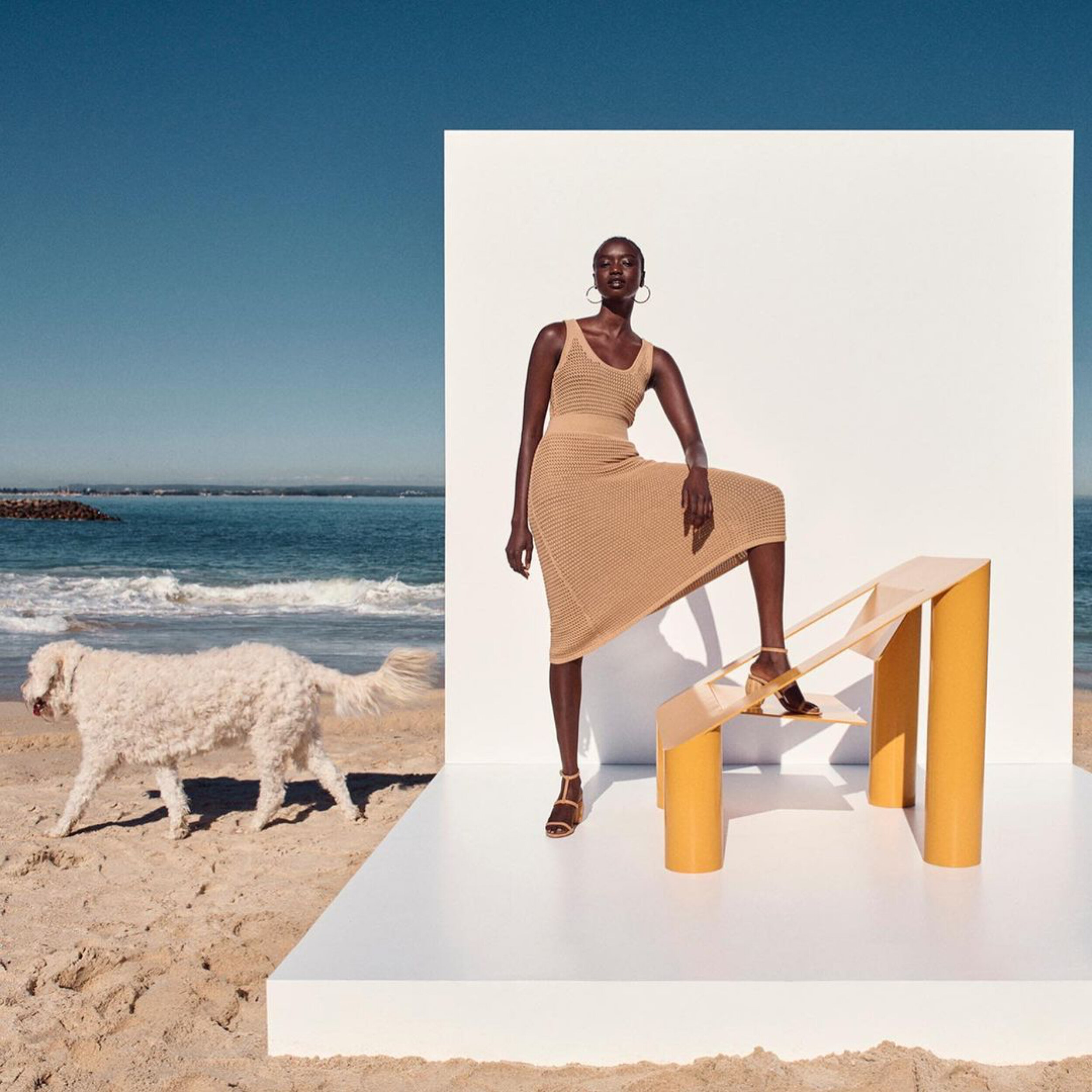 Elegant Black woman in a knit dress and sandals poses on a white platform next to the sea and a white dog on a beach.