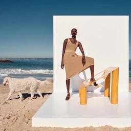 Black woman in beige knit dress standing on a white platform on a sandy beach with a white dog nearby