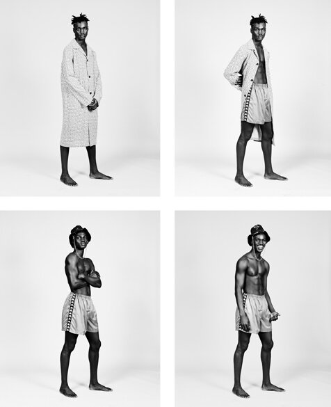Black and white image of a man in four poses and outfits, ranging from a robe to shorts and bucket hat, on a grey background.