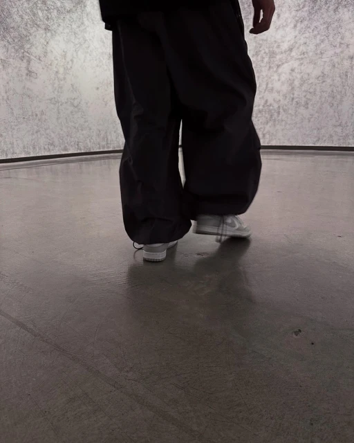Person in baggy black pants and white sneakers walking on a smooth grey surface with a mottled grey wall in the background.