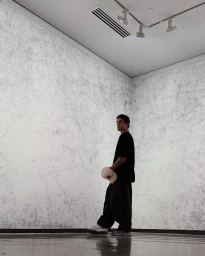 Content creator Jai Waetford in a gallery setting wearing black t-shirt and holding a cap, Sydney