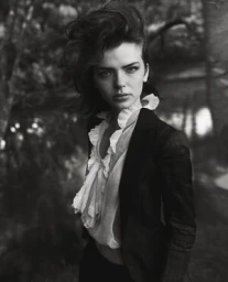Monochrome portrait of a woman with voluminous dark hair wearing a ruffled blouse and dark blazer, styled by Jana Pokorny.